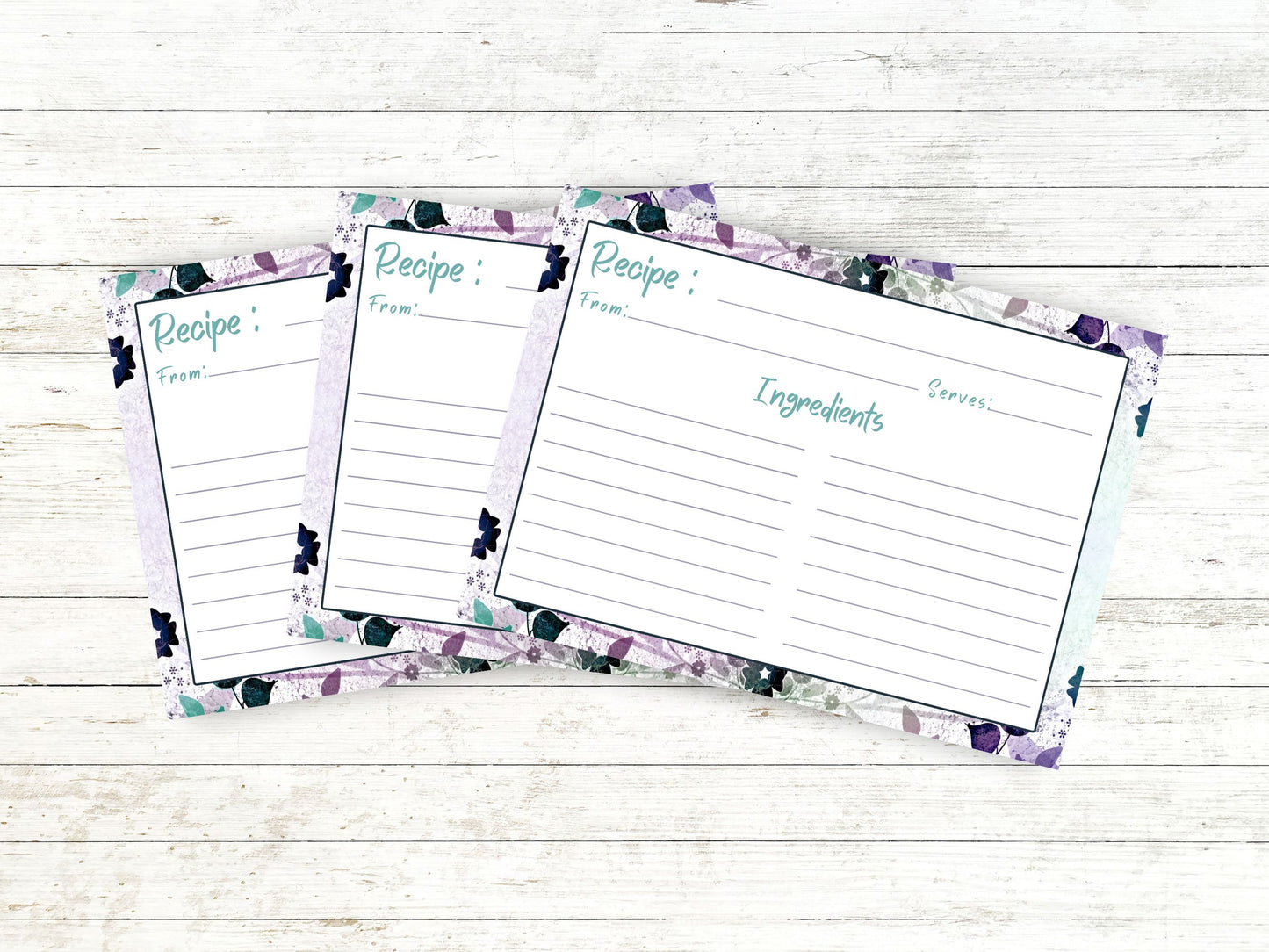 Vintage Purple Teal Floral Recipe Card