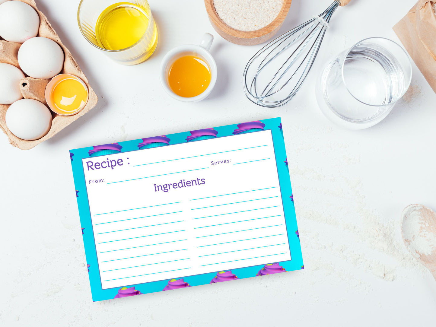 Neon Teal Purple Cupcakes Recipe Card