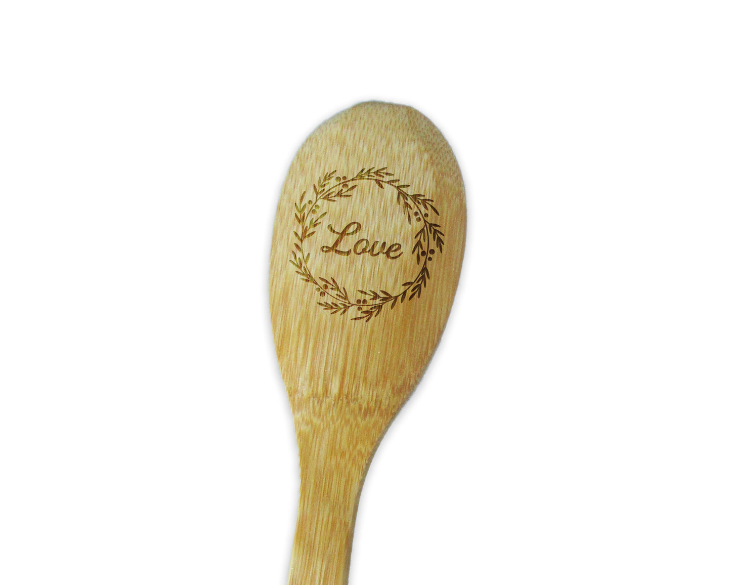 a wooden spoon with the word love engraved on it