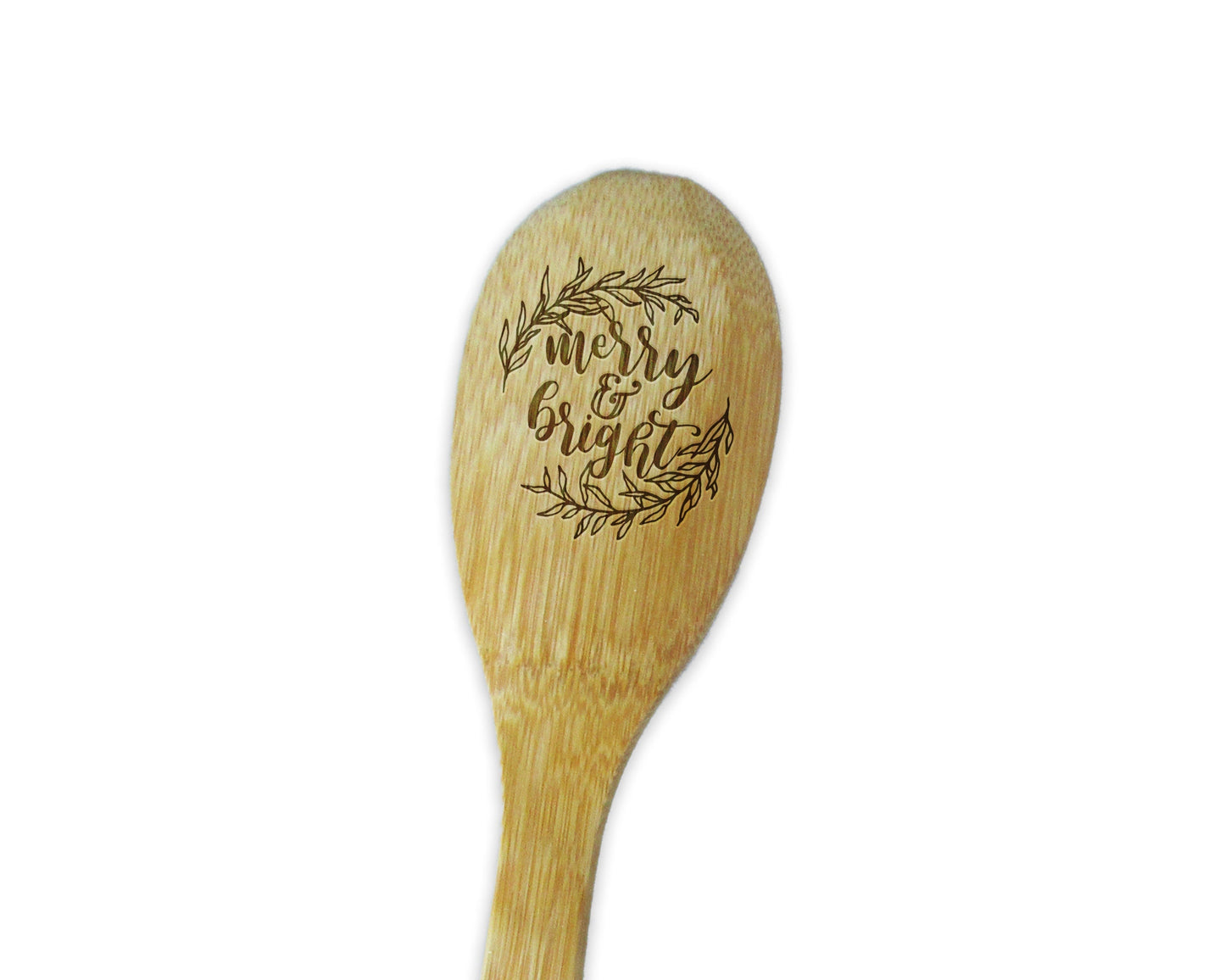Merry and Bright Leafy Wreath Spoon - Bamboo Spoon - Engraved Wood Spoon - Bridal Shower - Housewarming - Wedding - Kitchen