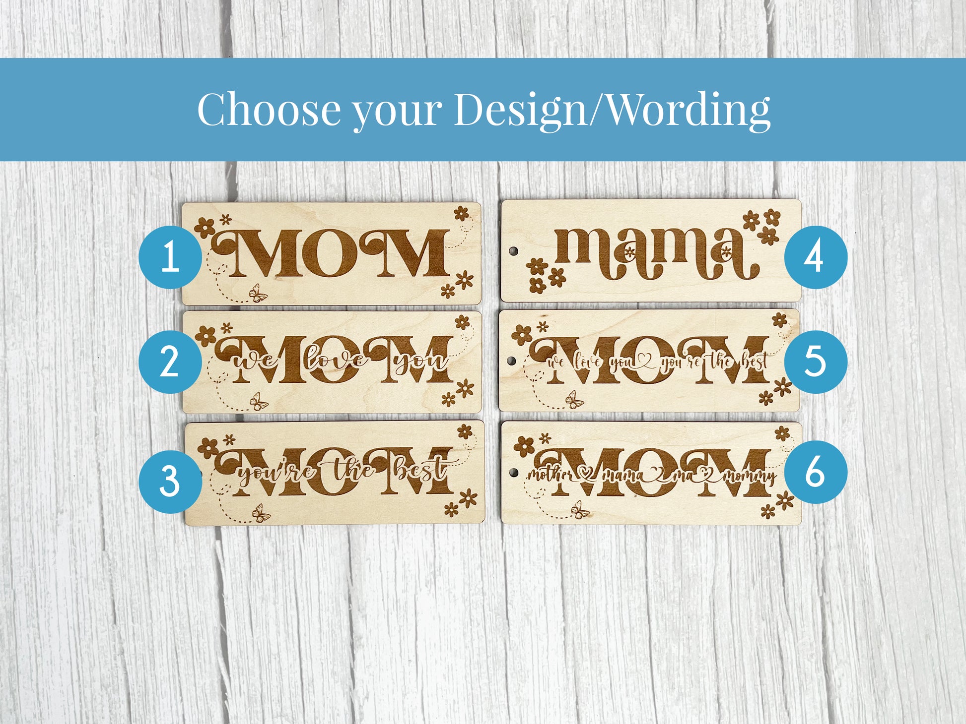 three wooden signs that say choose your design wording