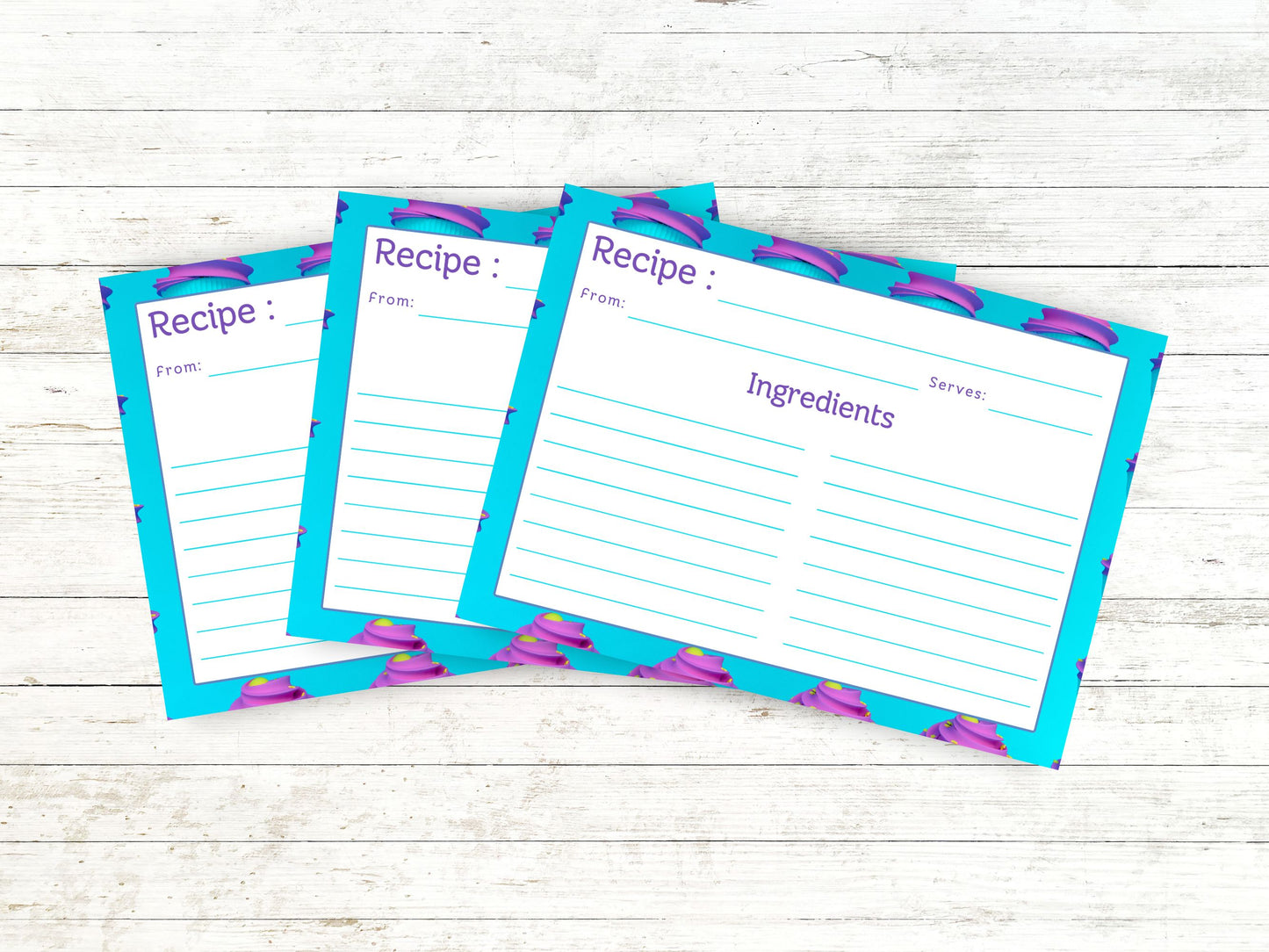 Neon Teal Purple Cupcakes Recipe Card