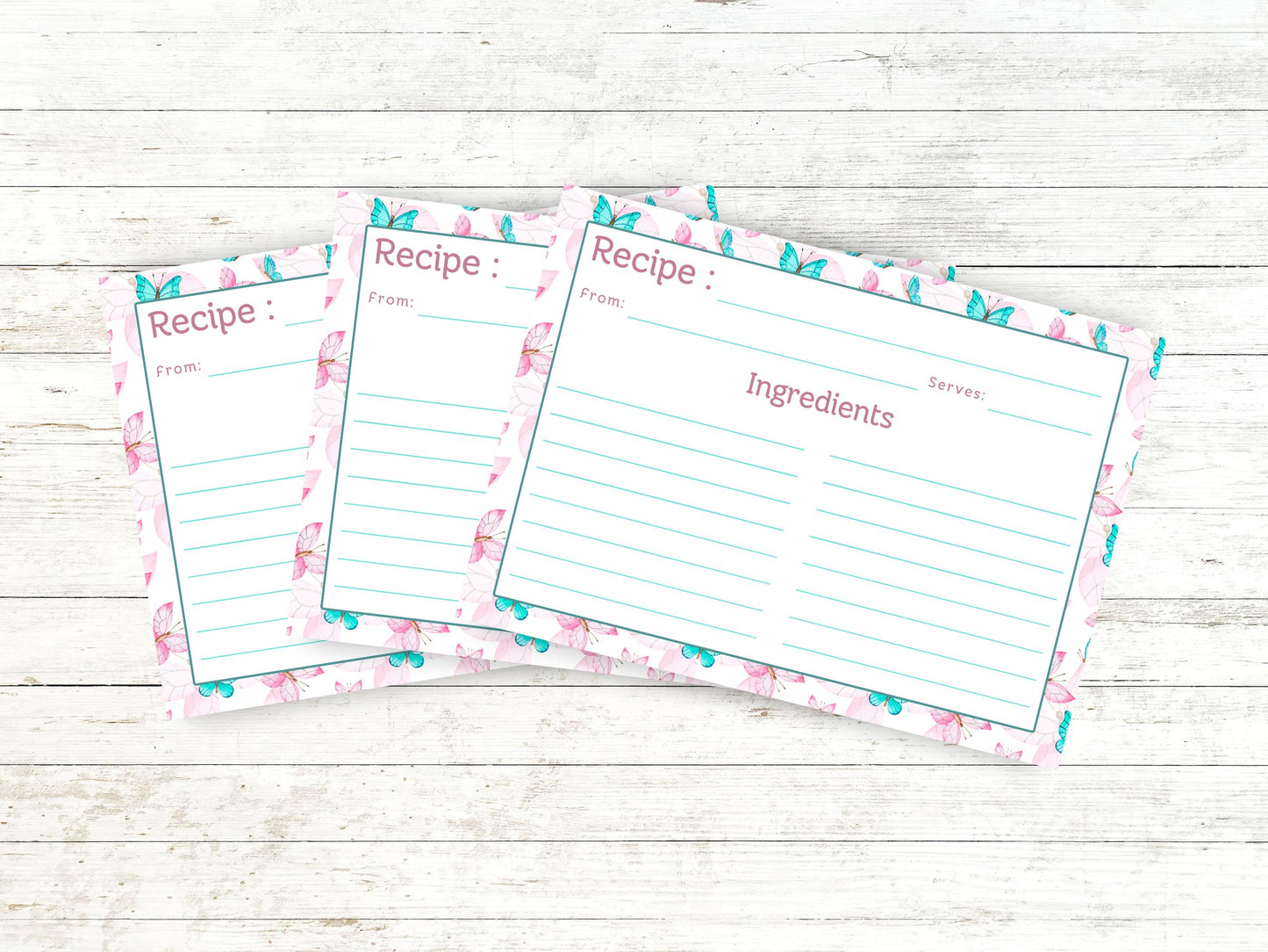Pink Teal Dancing Butterflies Recipe Card