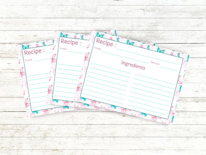 Pink Teal Dancing Butterflies Recipe Card