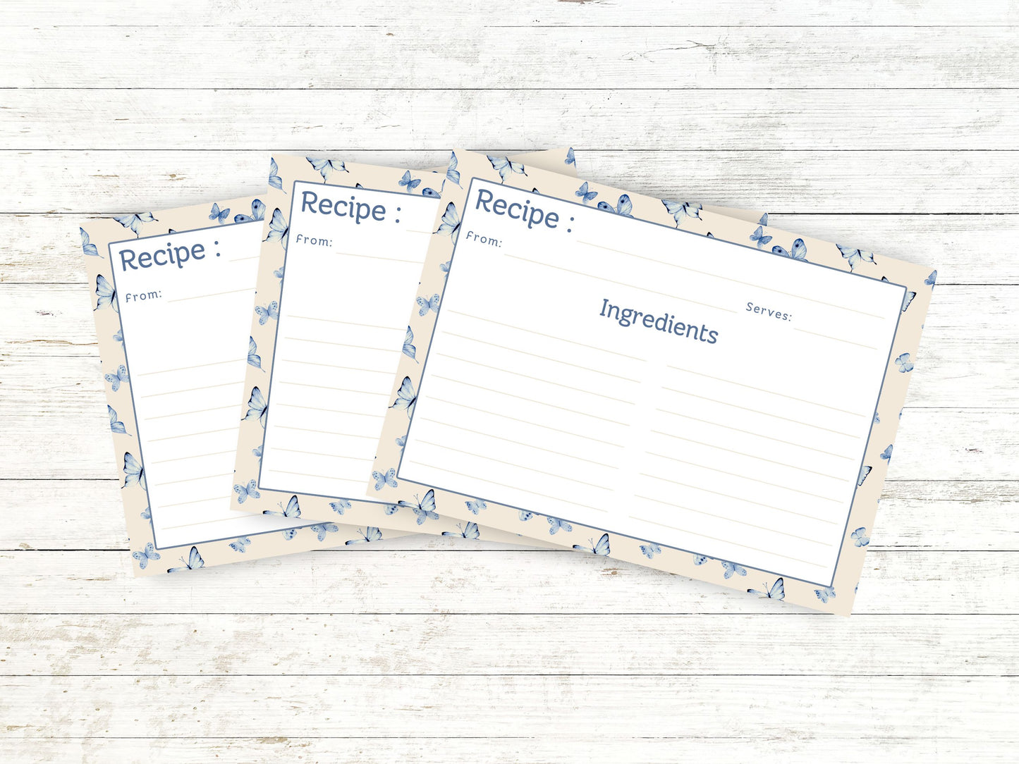 Vintage Blue Butterflies Recipe Card