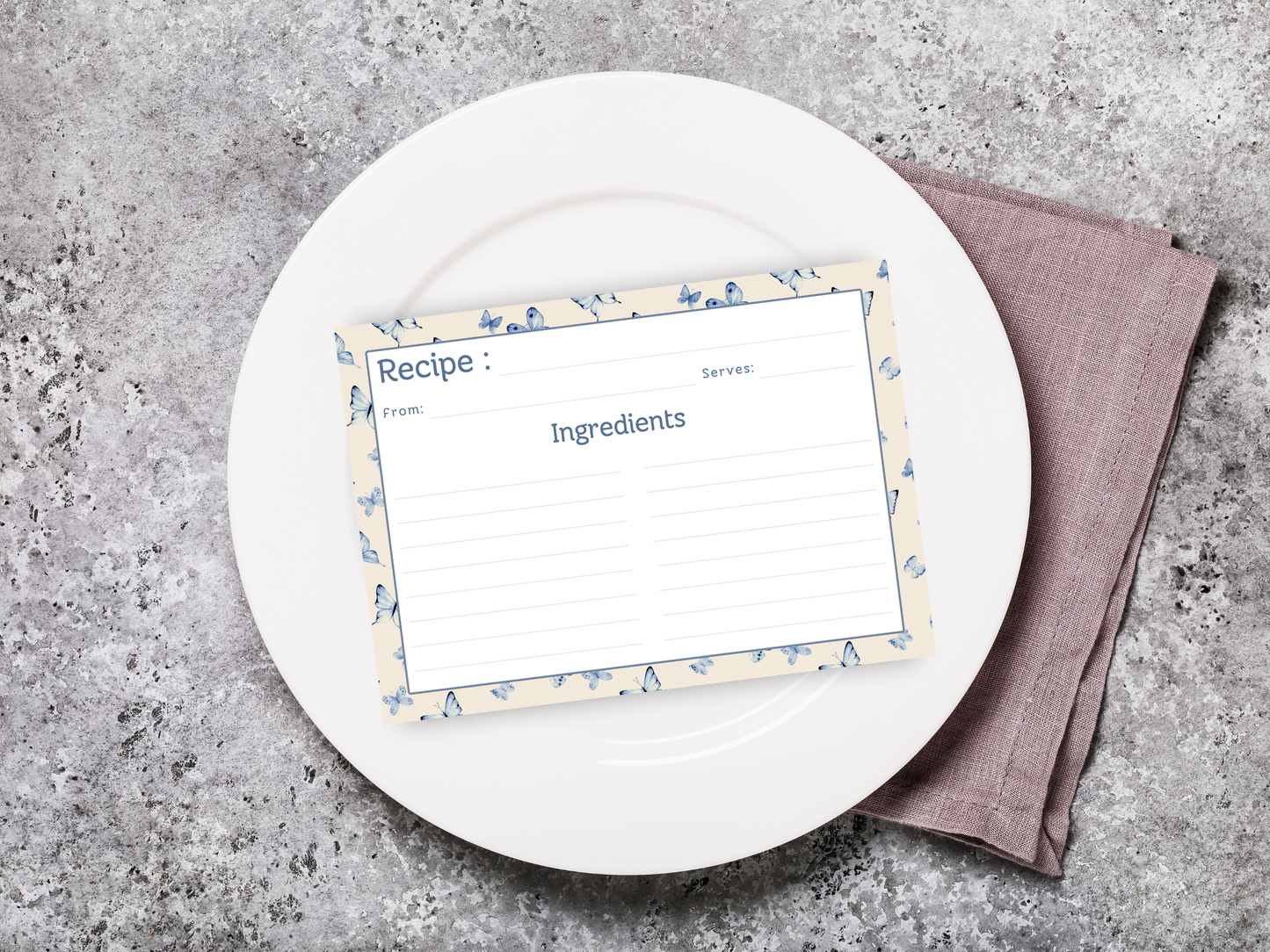 Vintage Blue Butterflies Recipe Card