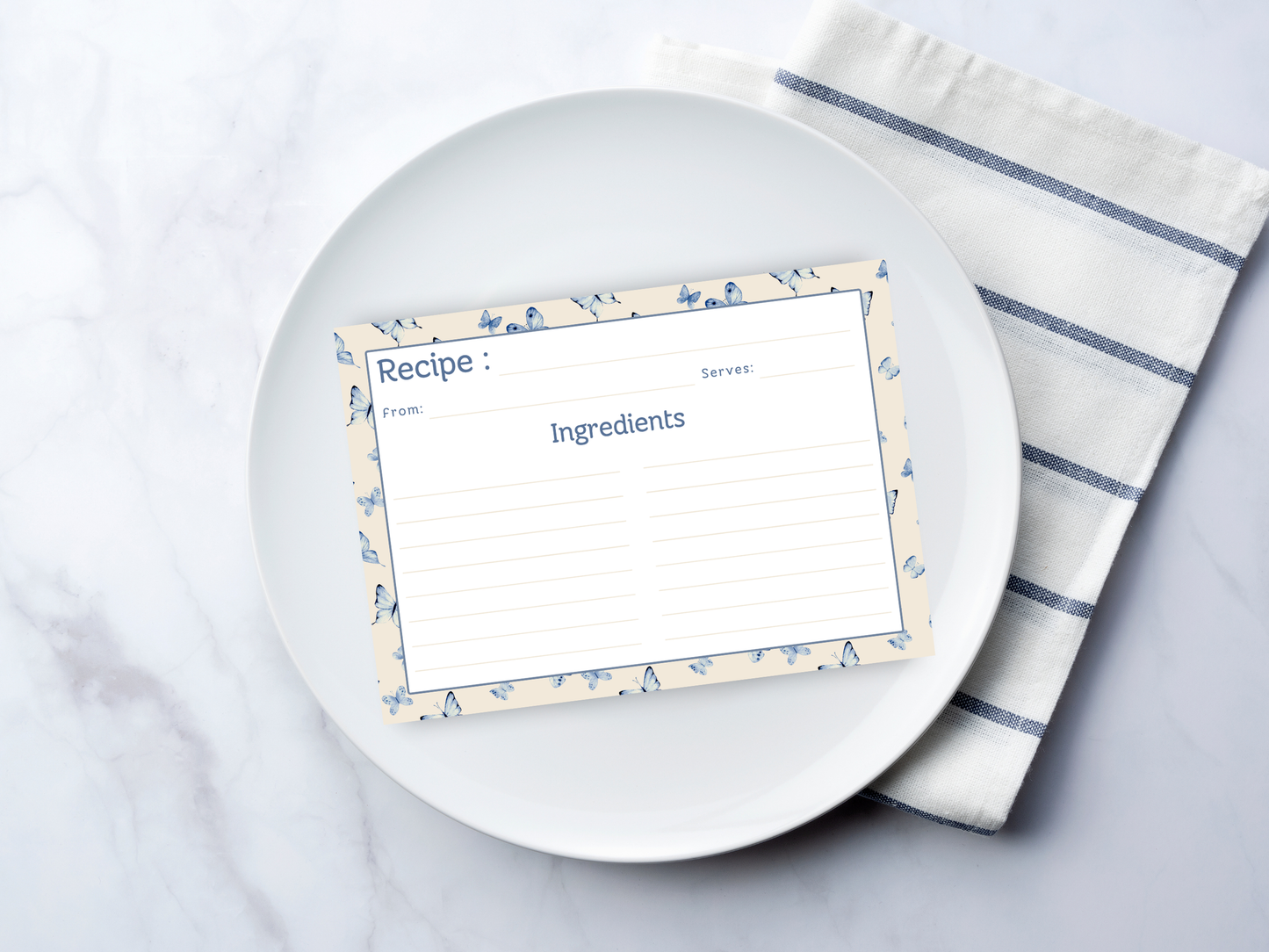 Vintage Blue Butterflies Recipe Card