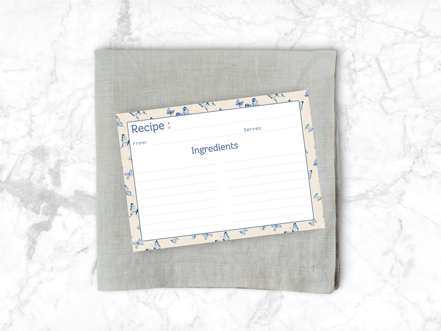 Vintage Blue Butterflies Recipe Card