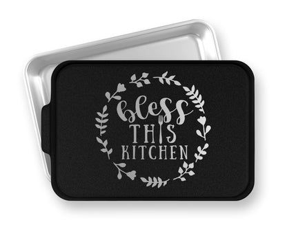 a black and white tray with the words bees this kitchen on it