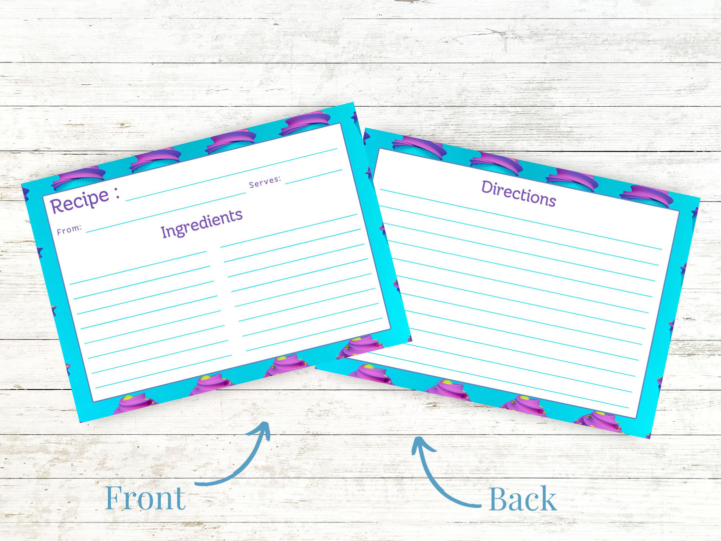Neon Teal Purple Cupcakes Recipe Card