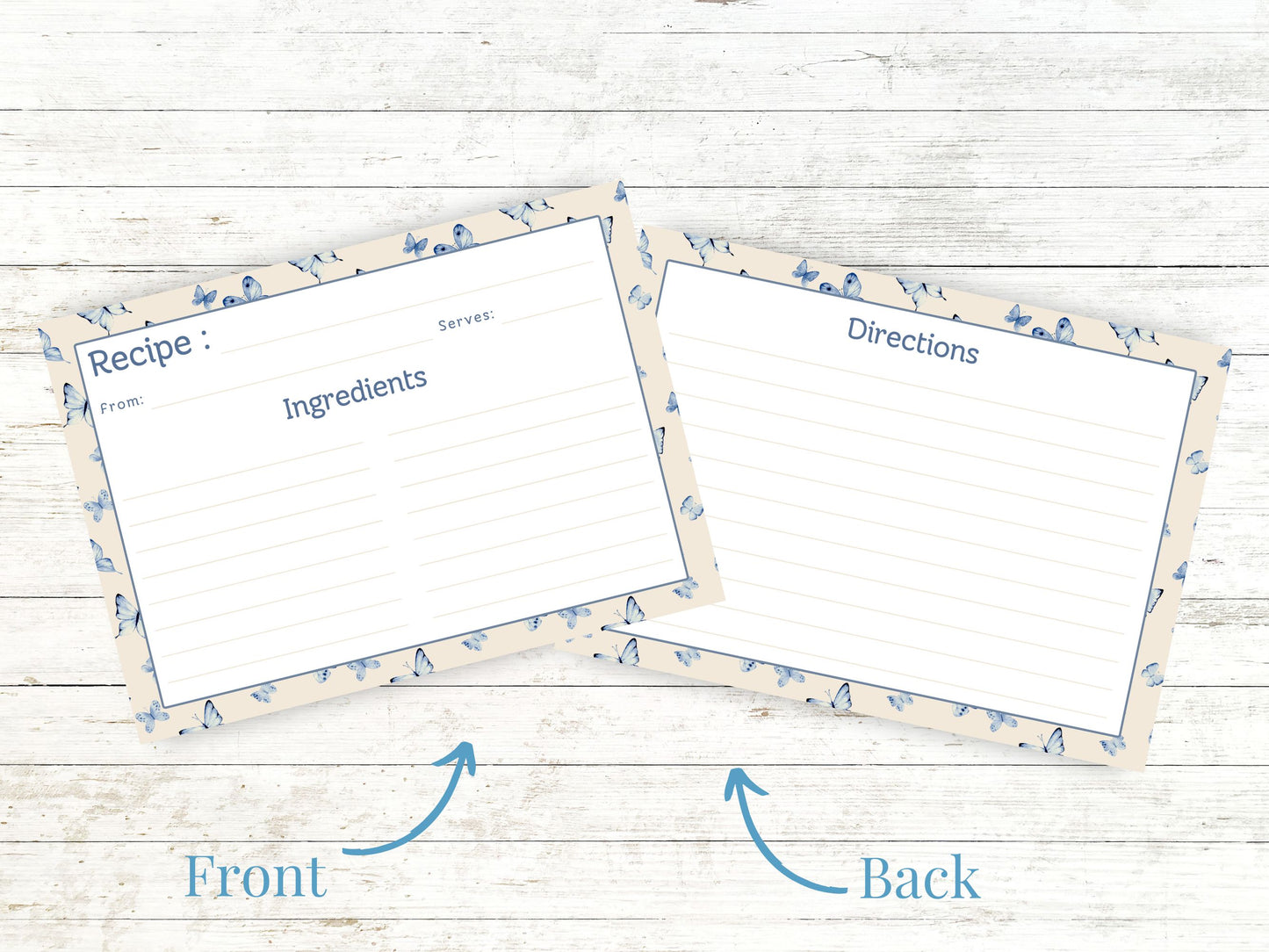 Vintage Blue Butterflies Recipe Card