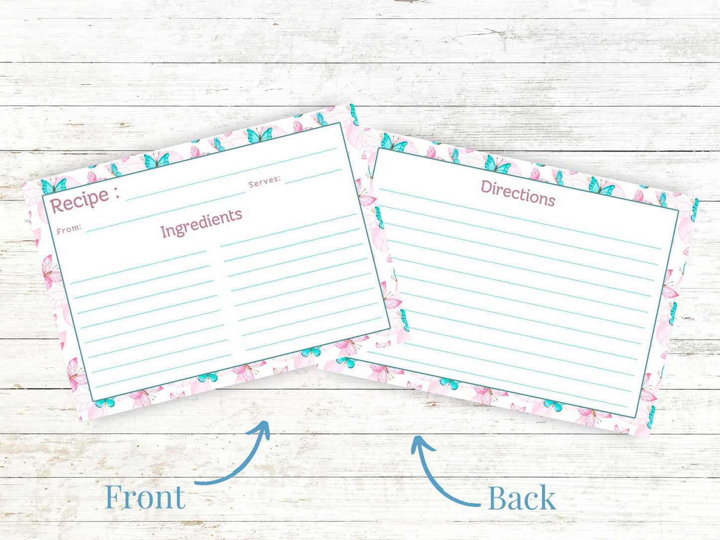 Pink Teal Dancing Butterflies Recipe Card