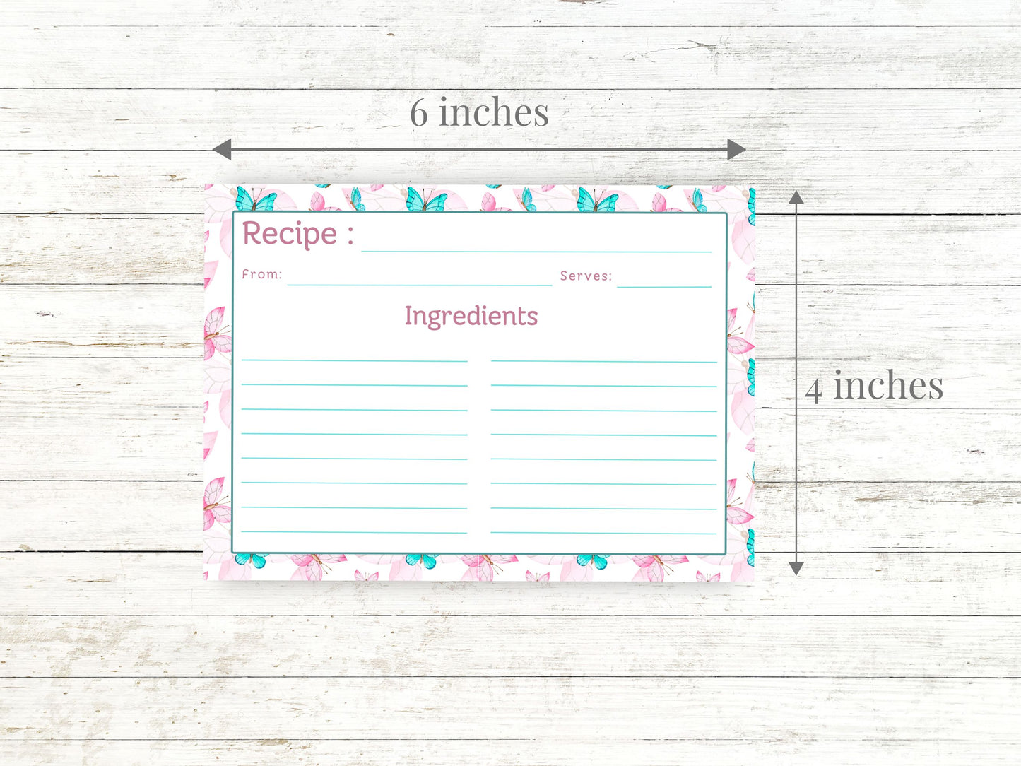 Pink Teal Dancing Butterflies Recipe Card