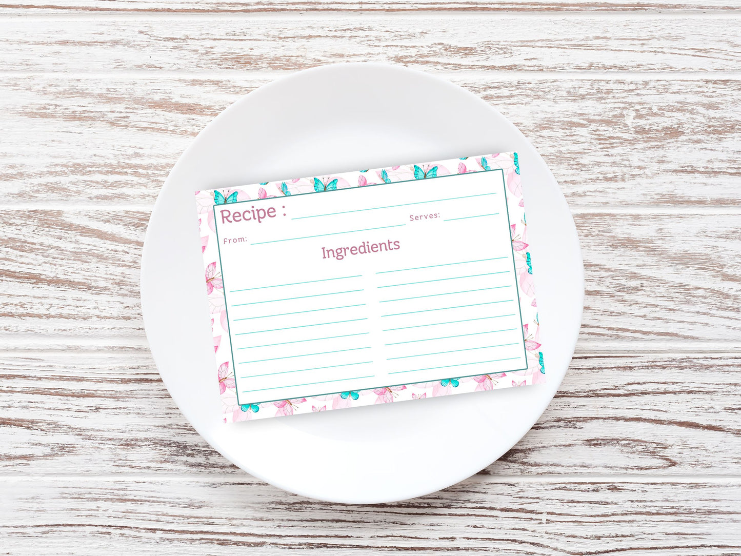 Pink Teal Dancing Butterflies Recipe Card