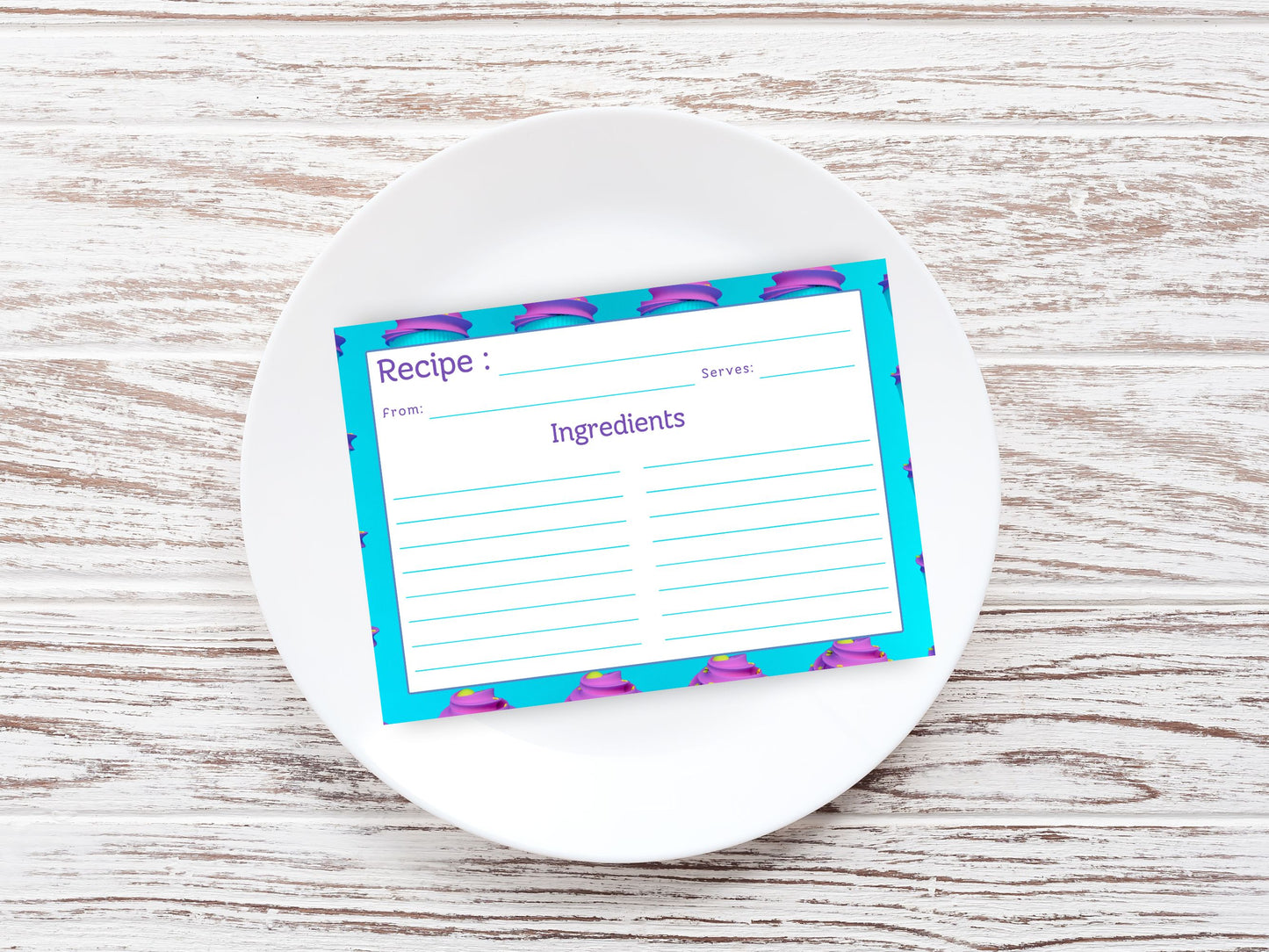 Neon Teal Purple Cupcakes Recipe Card