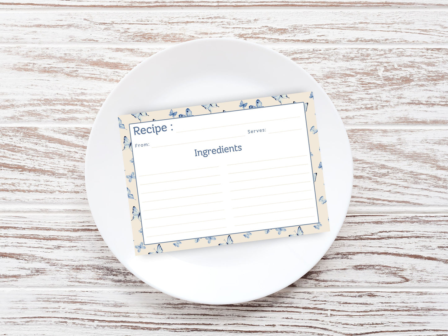 Vintage Blue Butterflies Recipe Card