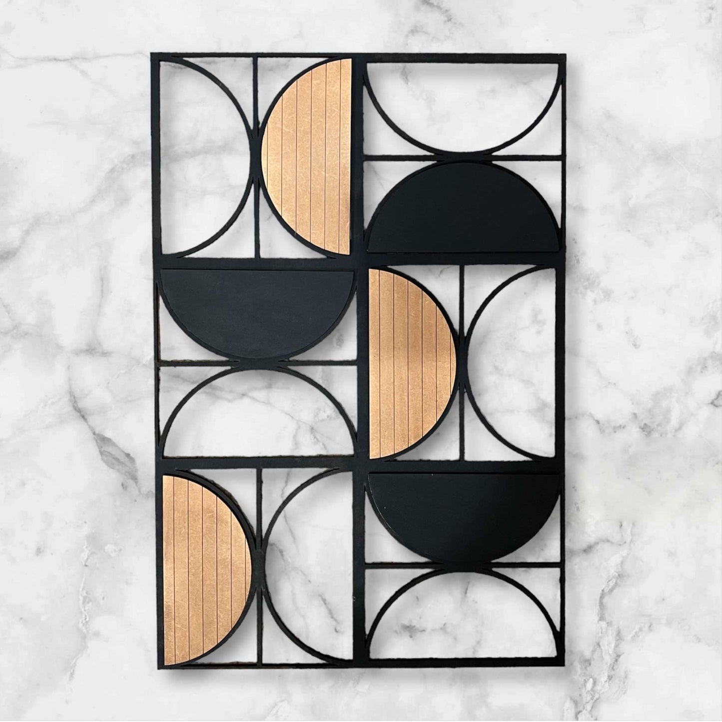 a metal and wood wall shelf with circles on it