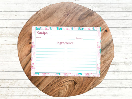 Pink Teal Dancing Butterflies Recipe Card