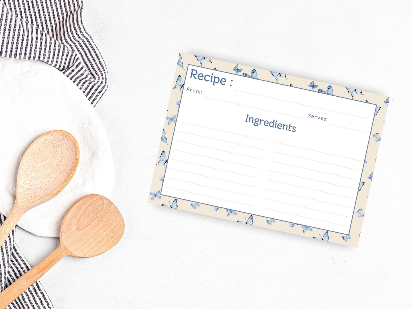 Vintage Blue Butterflies Recipe Card