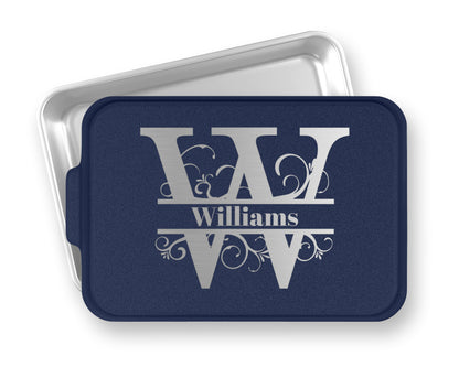 a blue and white tray with the word williams on it