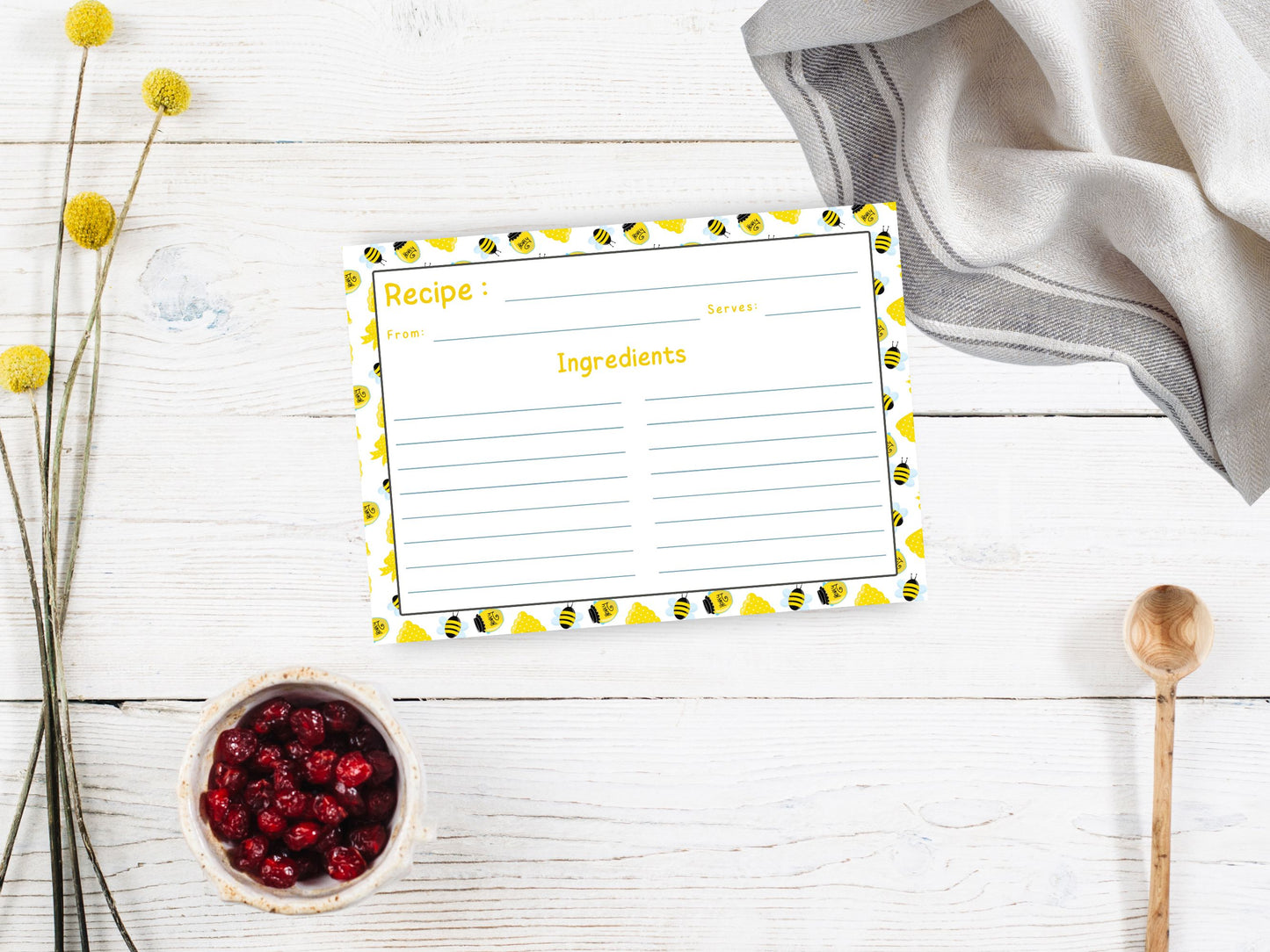 Honeybee Honey Jars Ribbon Recipe Card