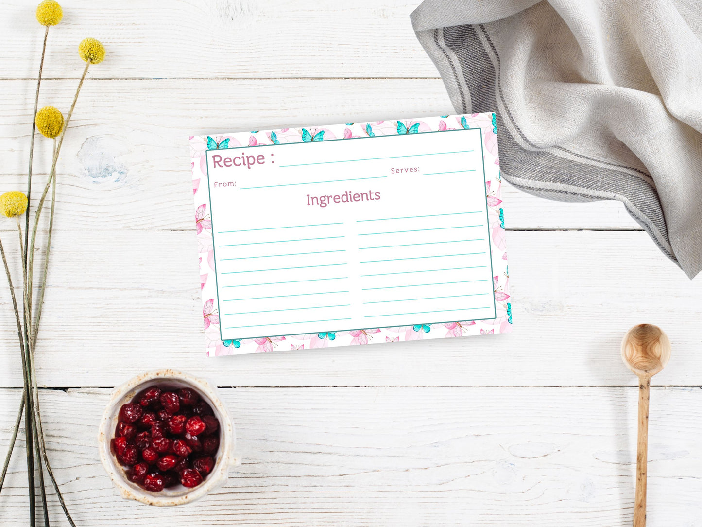 Pink Teal Dancing Butterflies Recipe Card