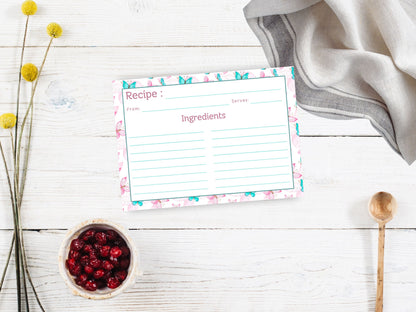 Pink Teal Dancing Butterflies Recipe Card