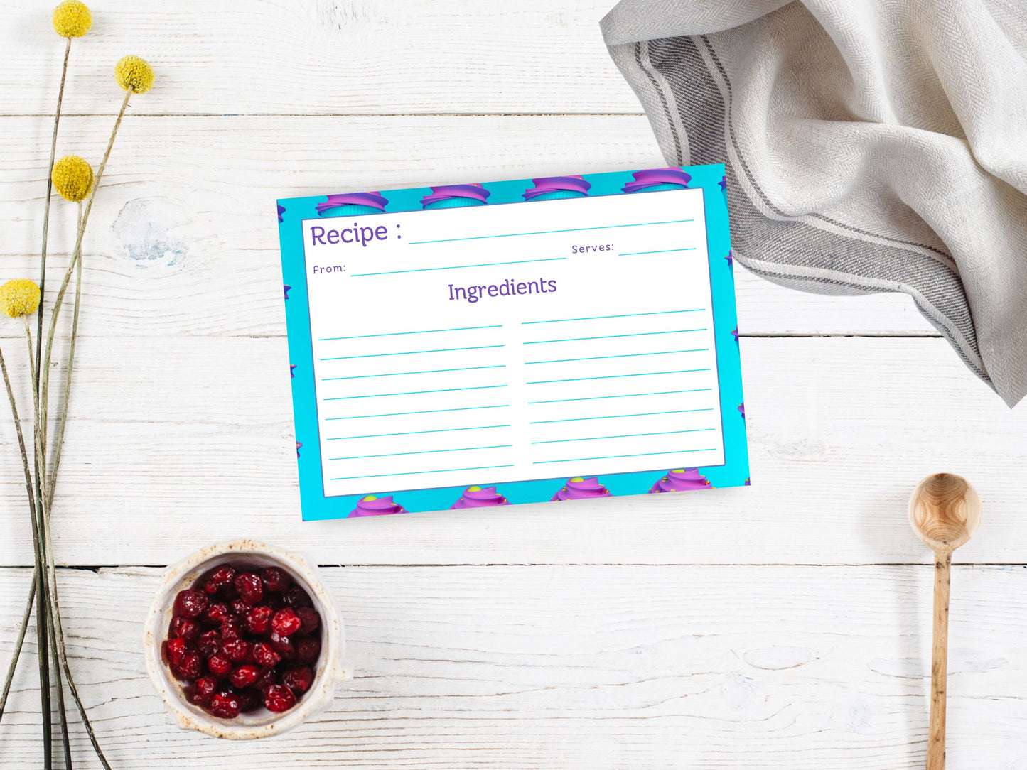 Neon Teal Purple Cupcakes Recipe Card