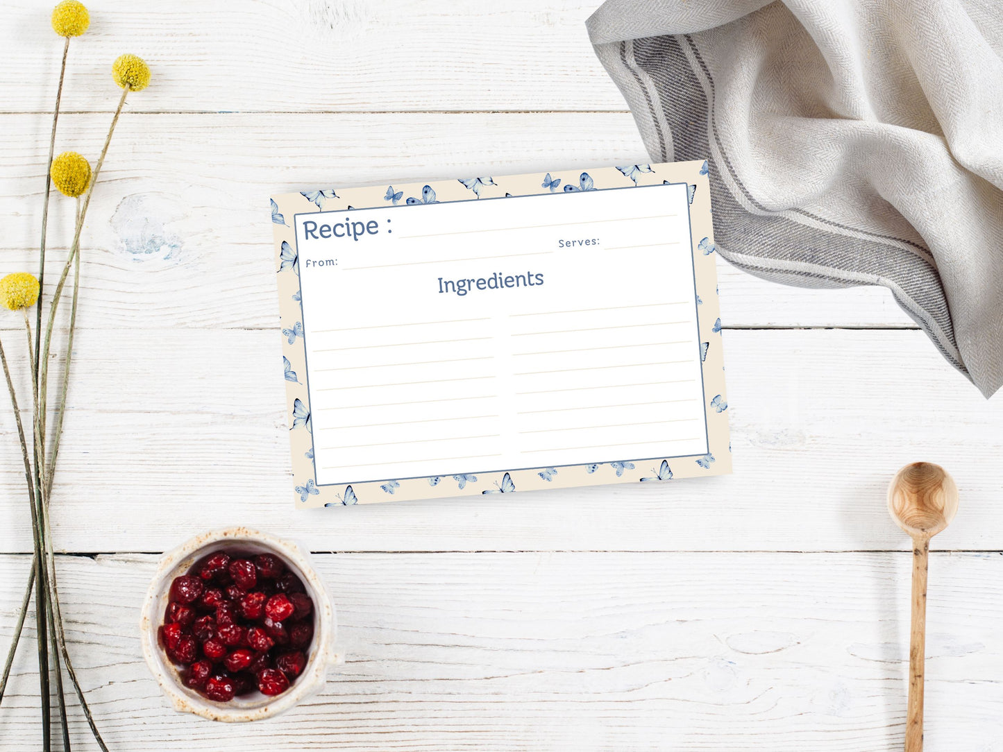 Vintage Blue Butterflies Recipe Card