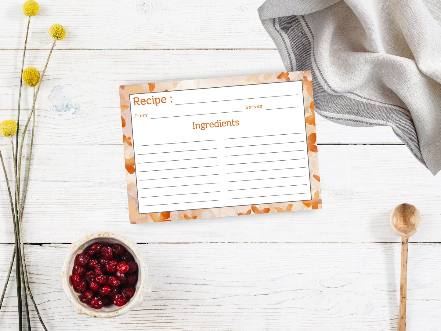 Coral Orange Butterflies Recipe Card