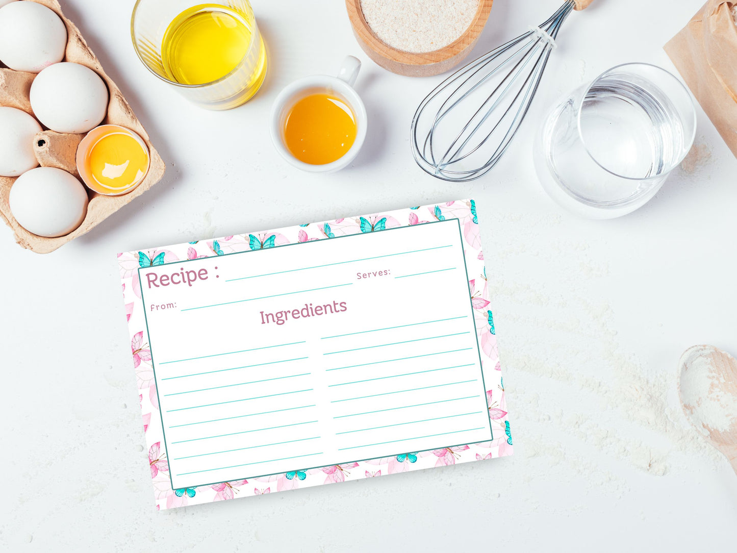 Pink Teal Dancing Butterflies Recipe Card
