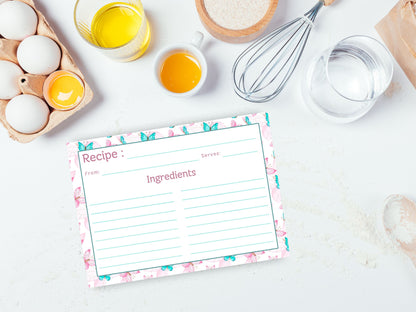 Pink Teal Dancing Butterflies Recipe Card