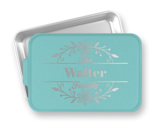 a square tin with the words walter family on it