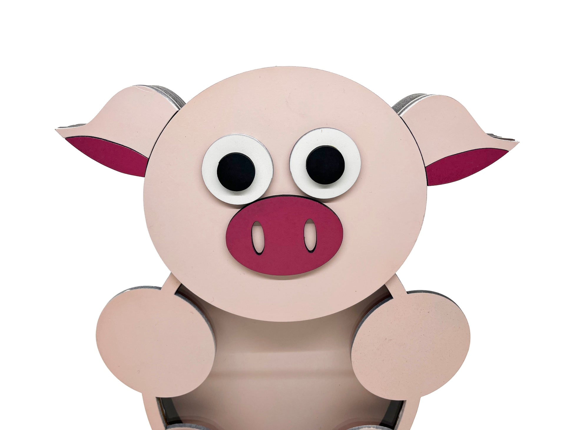 a pink pig with big eyes sitting down