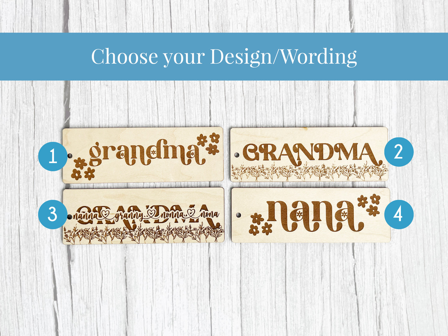 three wooden name tags with the words grandma and grandma on them