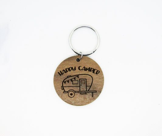 Wood Keychain - Happy Camper Trailer Circle Keychain - Laser Cut Engraved Keychain, Camping Keychain, Camper Keychain