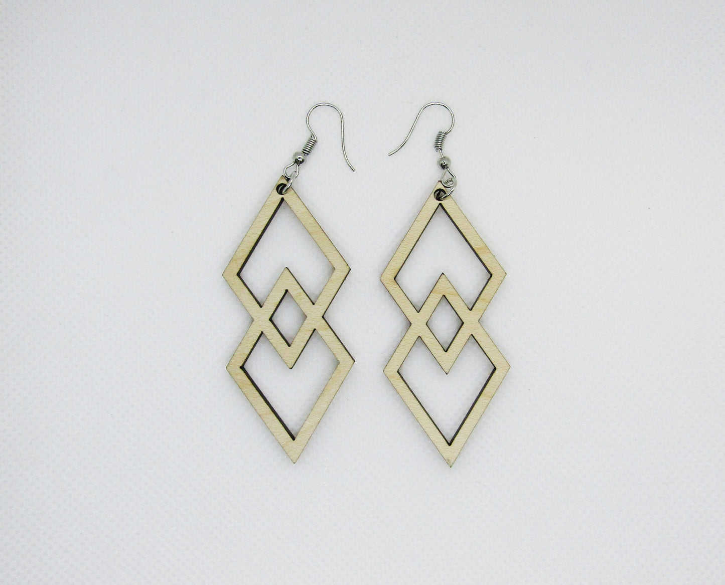 Wood Earrings - Double Stacked Diamonds Cut Out - Wooden Earring, Lightweight Earring, Laser Cut