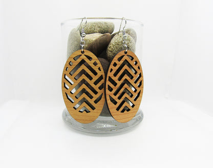 Wood Earrings - Oval Broken Chevron Cut Out Earrings - Wooden Earring, Lightweight Earring, Laser Cut