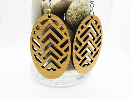 Wood Earrings - Oval Broken Chevron Cut Out Earrings - Wooden Earring, Lightweight Earring, Laser Cut