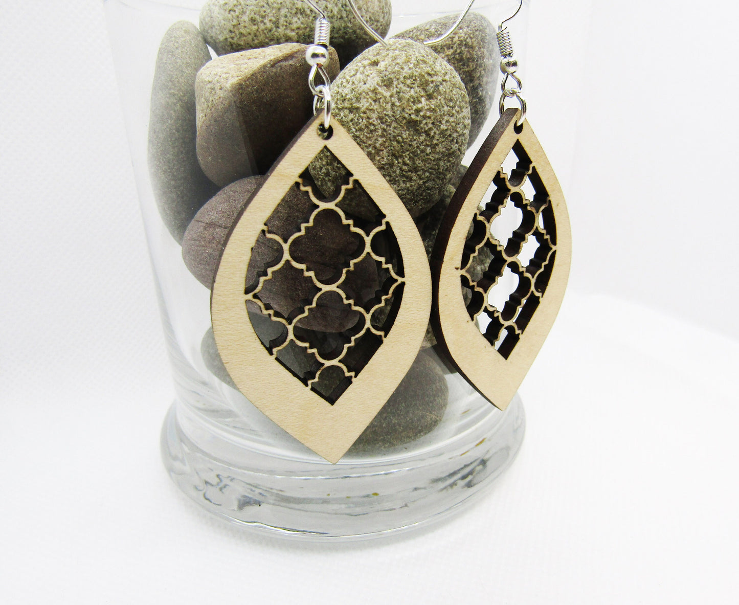 Wood Earrings - Ornamental Teardrop Lattice Cut Out Earrings - Wooden Earring, Lightweight Earring, Laser Cut