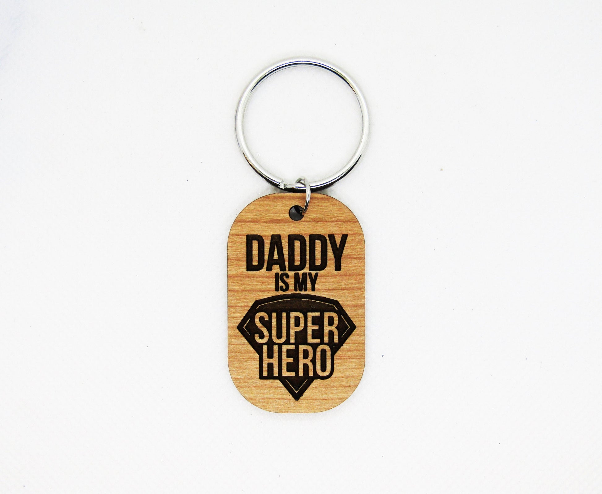 Wood Keychain - Daddy is My Super Hero Rounded Rectangle Keychain - Laser Cut Engraved Keychain