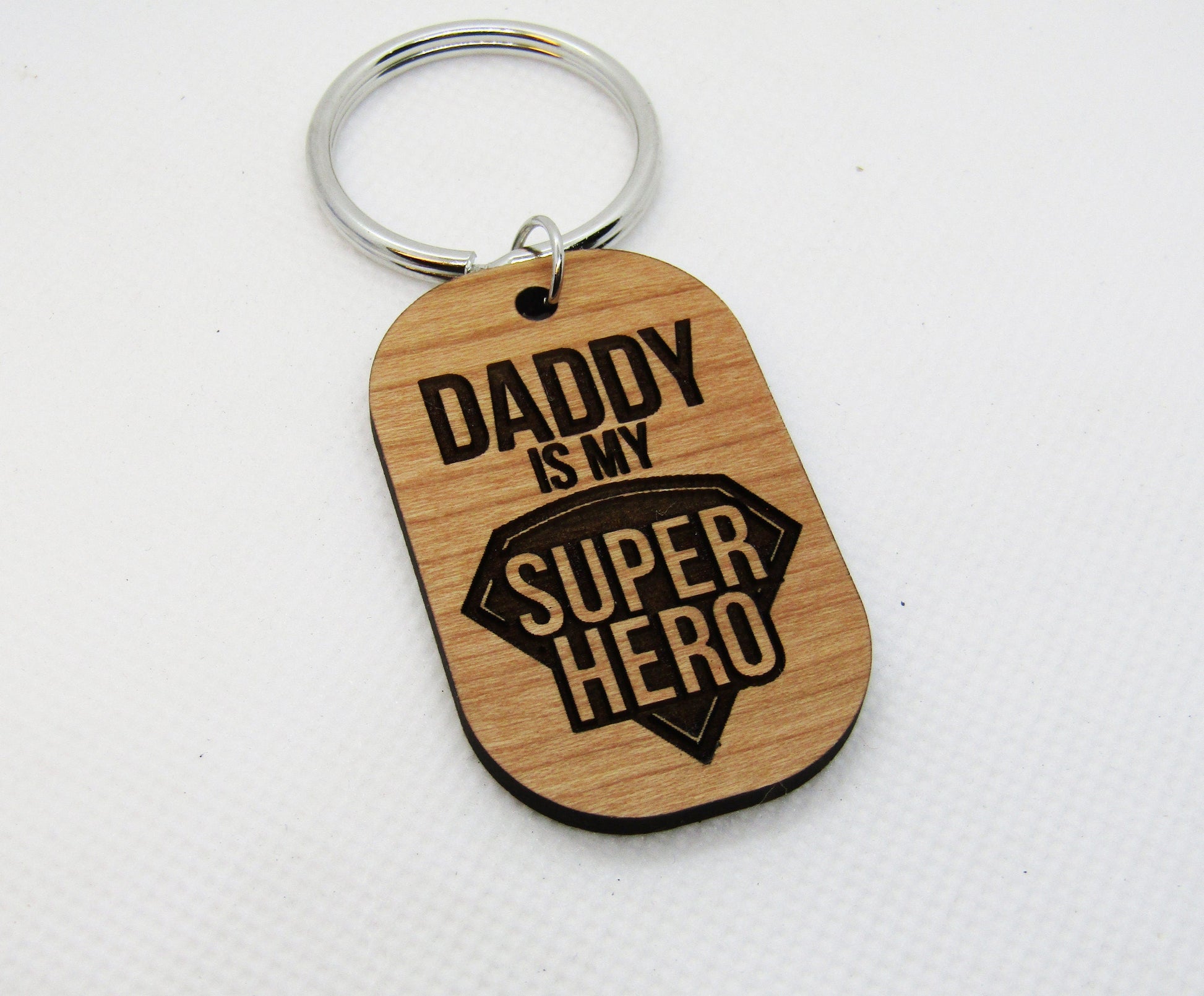 Wood Keychain - Daddy is My Super Hero Rounded Rectangle Keychain - Laser Cut Engraved Keychain