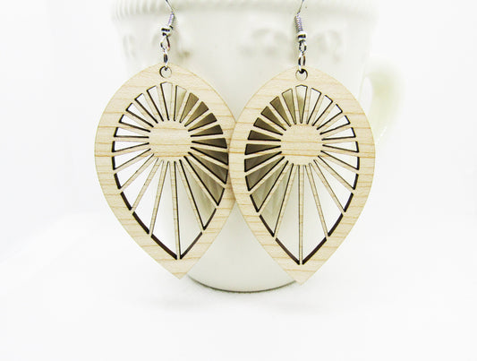 Wood Earrings - Wagon Wheel Down Teardrop Cutout Earrings - Wooden Earring, Lightweight Earring, Laser Cut