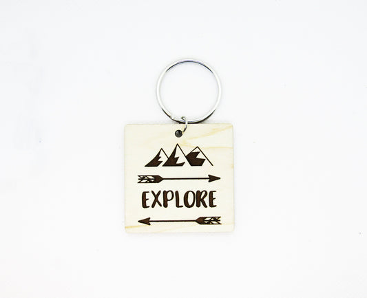 Wood Keychain - Explore Mountains Arrows Square Keychain - Laser Cut Engraved Keychain