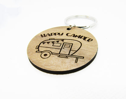 Wood Keychain - Happy Camper Trailer Circle Keychain - Laser Cut Engraved Keychain, Camping Keychain, Camper Keychain