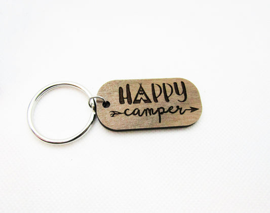 Wood Keychain - Happy Camper Tepee Rounded Rectangle Keychain - Laser Cut Engraved Keychain