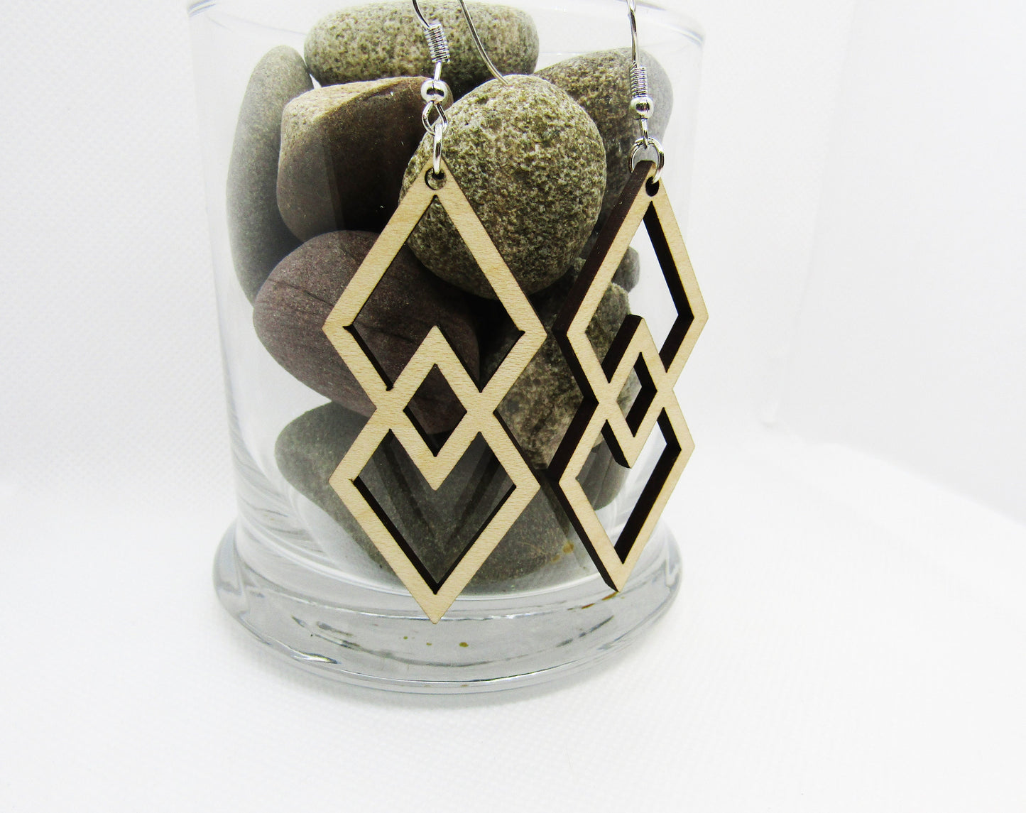 Wood Earrings - Double Stacked Diamonds Cut Out - Wooden Earring, Lightweight Earring, Laser Cut