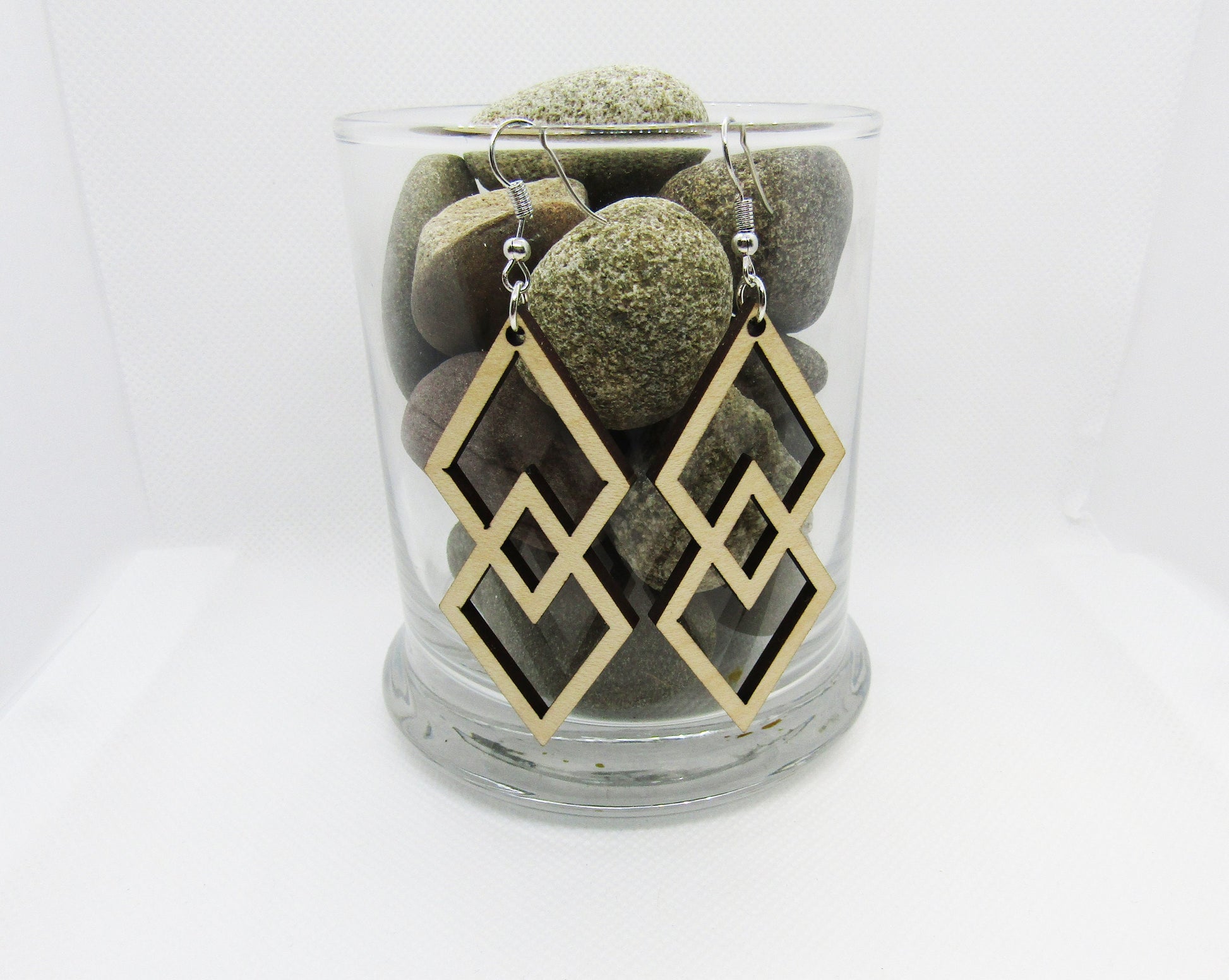 Wood Earrings - Double Stacked Diamonds Cut Out - Wooden Earring, Lightweight Earring, Laser Cut