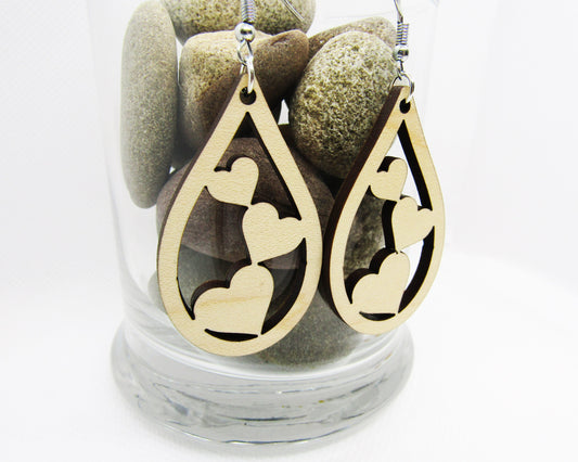 Wood Earrings - Three Hearts Teardrop Cut Out - Wooden Earring, Lightweight Earring, Laser Cut