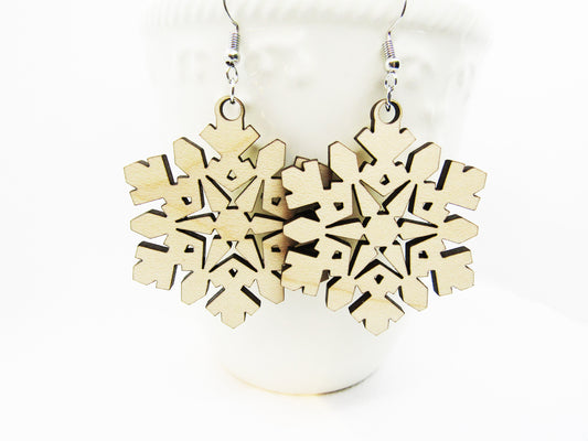 Wood Earrings - Snowflake Earrings - Wooden Earring, Lightweight Earring, Laser Cut